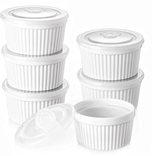 DOWAN Ramekins 8 oz Oven Safe with Lids, Creme Brulee Ramekins Bowls, Porcelain Ramiken Souffle Dishes, Custard Cups for Baking, Small Bowls for Pudding Dip Sauces Charcuterie Dessert, Soft White, Set of 6