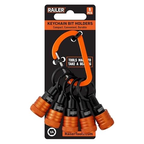 Railer Bit Holder Keychain 5pc - 1/4 inch Hex Shank Bit Holders - Quick Release Bit Holder For Nut Driver, Screwdriver & Drill Bits w/Key Chain Carabiner Cover