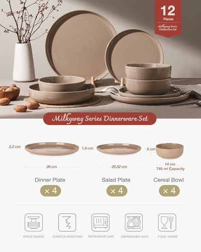 Richmount Milkyway Plates and Bowls Set, 12 Piece Dinner Set, Speckled Stoneware Dinner Set for 4, Chip and Scratch Resistant Dinnerware Sets, Dishwasher & Microwave Safe, Cinnamon Brown - Image 2