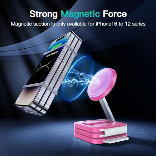 Image of 3 in 1 Magnetic Wireless Charger, Fast Charging Station for iPhone 17 /16 /15 /14 /13 /12 Series, Travel Charger for Multiple Devices for AirPods 4 /3 /2 /Pro, Charging Stand for Apple Watch Series (Pink)