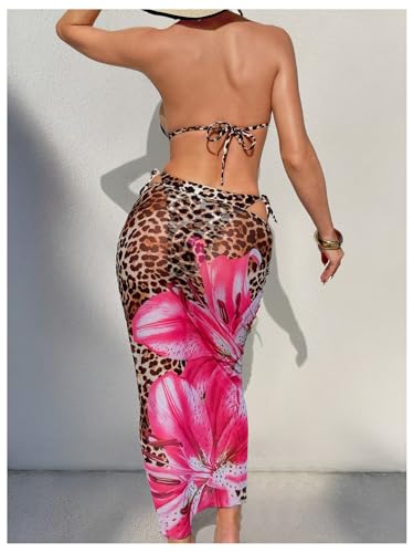 Women's 3 Piece Leopard Floral Bikini Sets Cheetah Halter Triangle Tie Back Swimsuit with Cover Up Skirt4