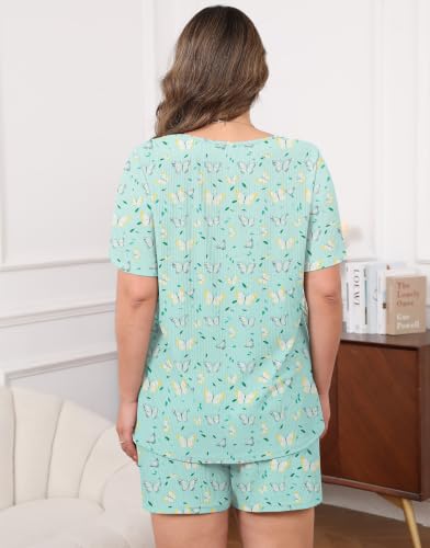 Image of Womens Plus Size Pajama Sets 2 Piece Summer Outfits Short Sleeve Tops Shorts with Pockets for Lounge Sleepwear