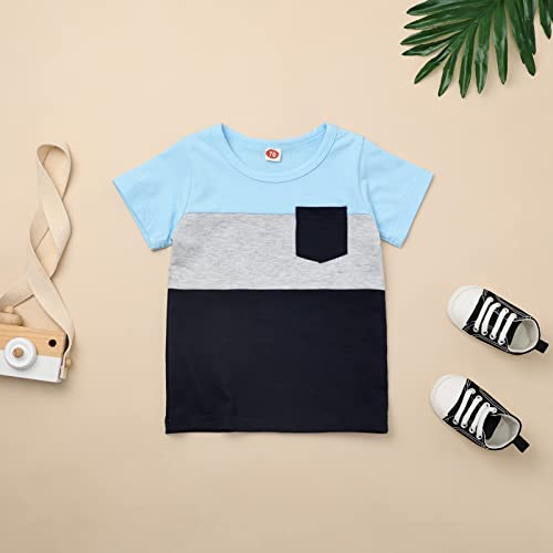 Image of Toddler Boy Clothes Baby Summer Outfit Patchwork Tee Shorts 12M-4T | Soft Patchwork Tee, Pocket Shorts With Stretch Waistband, Breathable For Summer Play, Machine Washable