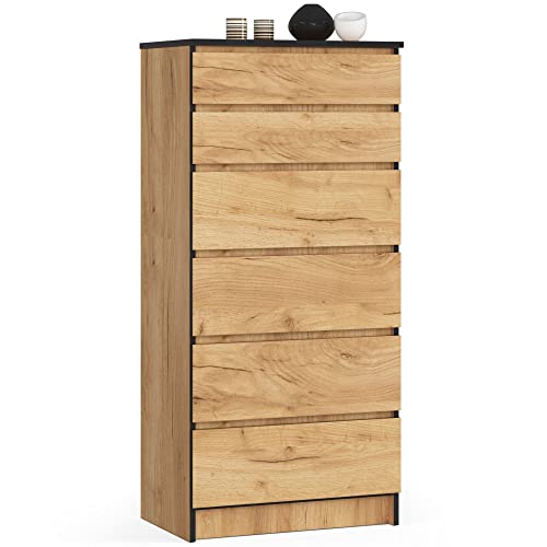 AKORD Kommode K60 mit 6 Schubladen | für das Wohnzimmer Schlafzimmer Schrank Büro Arbeitszimmer | Modernes Funktionales Design | B60 x H130 x T40 cm, Gewicht 43kg | Handwerk Eiche