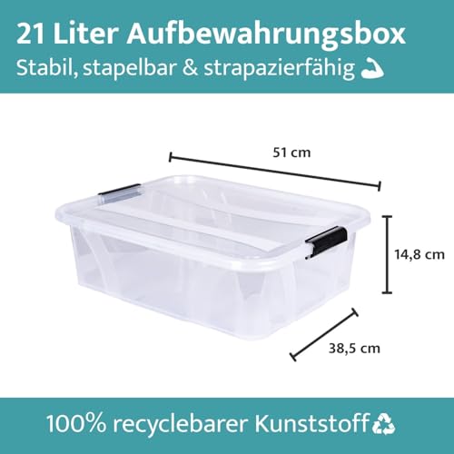 Aufbewahrungsbox + Deckel L 51 x B 38,5 x H 14,8 cm - 21 Liter transparent stapelbar | Transportbox transparent | Lebensmittelbox lebensmittelgeeignet | Kunststoffbox Lagerbox stapelbar