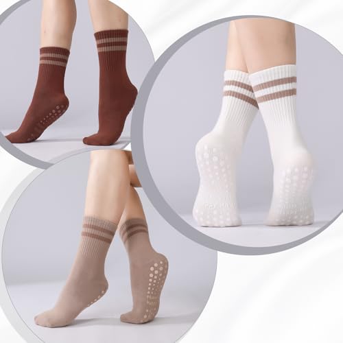 Image of Jspupifip 4 Pairs Pilates Grippy Socks for Women, Long Non Slip Yoga Socks with Grips Crew Socks for Pilates Barre Hospital