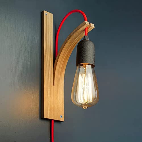 Applique Murale Interieur, Lampe Murale Industrielle Bois, Design Rétro Industrielle, Éclairage Salon & Chambre, Douille E27, Pour Chambre À Coucher, Escalier, Couloir, Noir, 220V, Interrupteur Câble Cover