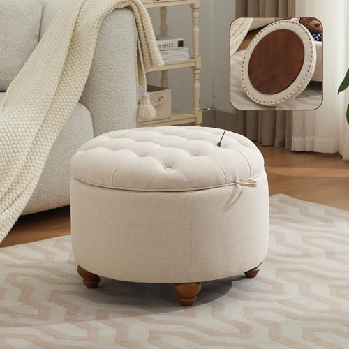 WUTUTUEE 24Inch Round Storage Ottoman with Tray, Modern Tufted Fabric Circle Coffee Table with...