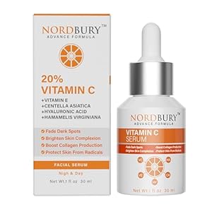Nordbury Vitamin C Serum, Pure 20% Vitamin C with Vitamin E & Hyaluronic Acid for Face Day & Night, Brighten Skin Complexion Boost Collagen Production Fade Dark Spots Protects Skin from Radicals