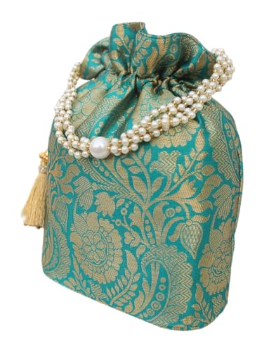 Image of MILAN'S CREATION Banarasi Silk Brocade Potli Bag Purse With Base Drawstring Women's handbag with Pearl Handle & Tassel Weddings