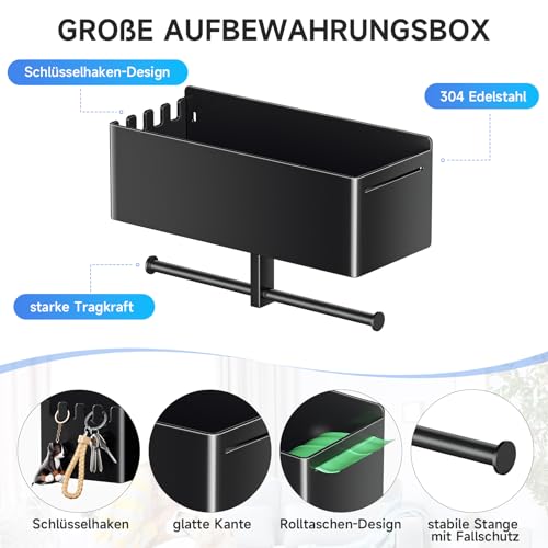 Hundegarderobe mit Ablage, Schwarz Hunde Garderobe, Hundeleinen Halterung Wand, Hundeleine Aufhängung Ohne Bohren, Hundeleinen Garderobe, Metall Schlüsselbrett, Halterung für Hundeleinens und Zubehör
