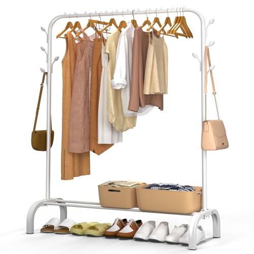 VOUNOT® Burro Ropa Resistente, Perchero Burro Metálico con Soporte para Zapatos, Organizador de Ropa con Zapatero y Ganchos Laterales, Colgador para Dormitorio y Vestidor, 110x41x147 cm Blanco