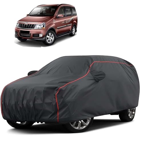 Image of Sulfar 100% Water Resistant Car Body Cover Compatible with Mirror for Mahindra Xylo (Triple Stitched, Full Bottom Elastic, Dark Grey Taffeta with Red Piping)