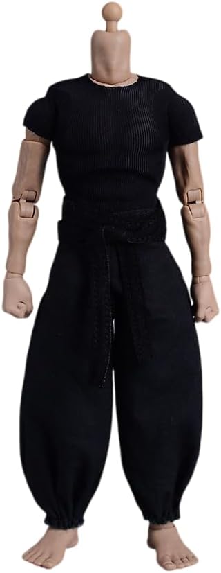 1/12 Scale Male Clothes - Men's Tight Short Sleeves Pant Warrior Combat Suit Sport Clothing for 6inch Action Figure Body (Black Tops + Black Belt + Pant)