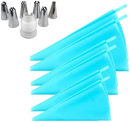 Silicone Pastry Bags Reusable,Deluxe Cupcake Decorating Tip Set - Extra Large Stainless Steel Decorating Tips,Kitchen Baking Tool Utensil 6 Pack