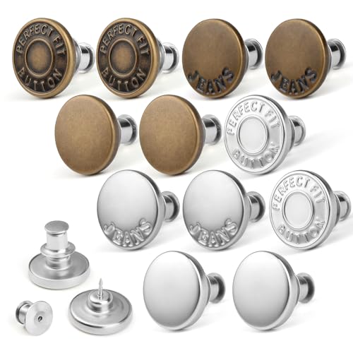 12 Pcs Jean Button Pins for Loose Jeans No-Sew Nailess Removable Metal Jeans Buttons Replacement Reusable and Adjustable Clothes Buttons