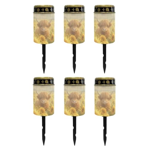 Image of Poceacles Outdoor Lights Solar Grave Candle Solar Cemetery Candles LED Automatic Outdoor Flameless Cemetery Lights for Loss of Dad, Sunflower Highland Cow, Set of 6