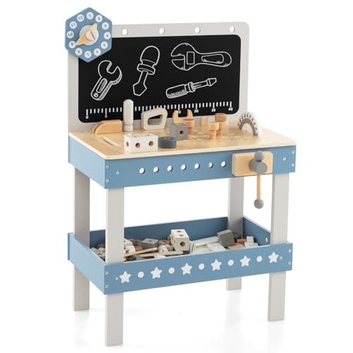 HOMASIS Werkzeugbank Kinder, Werkbank Spielwerkbank Holz, Werkstatt mit 61 TLG. Zubehör & Tafel & Arbeitsplatte & unteren Ablage, Spielzeug-Werkbank Kinderwerkbank ab 3 Jahre (50x29x73cm)