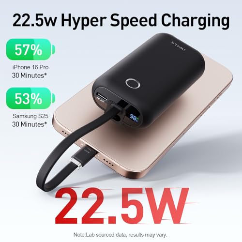 iWALK Mini Portable Charger 10,000mAh, 22.5W USB-C Fast Charging Power Bank with Built-in Cable, Travel Essential Ultra-Small Battery Pack Compatible for iPhone 17/16/16 Pro/15, Samsung, Google, Black - Thumbnail 4