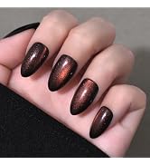 Stbisen Cat Eye Press on Nails Short Almond, Wine Red Press on Nails Almond, Fashion Gel Fake Nai...