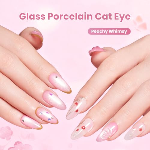 Image of Beetles Peachy Whimsy Pink Cat Eye Gel Nail Polish - 15ML Full Size Glitter Pink Cat Eye Spring Gel Polish Magnetic Shimmer Effect Soak Off UV Nail Art Design Salon DIY Manicure Gift for Women