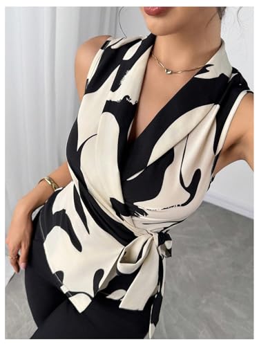 GORGLITTER Women's Sleeveless Wrap Blazers Belted Suit Vest Collared Wrap Graphic Dressy Office Blazers4