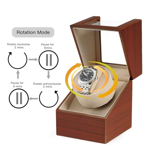 Image of Automatic Single Watch Winder with Quiet Japanese Motor,AC Adapter or Battery Powered,Premium Leather Exterior and Soft Flexible Watch Pillows for Men's and Women's Watches