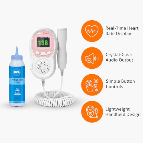 Image of BPL Medical Technologies FD-03 Fetal Doppler Smart Noise Reduction & Heartbeat Detection Machine with Ultrasound Gel |In-Built Speaker for Home and Clinic Use - Pink & White