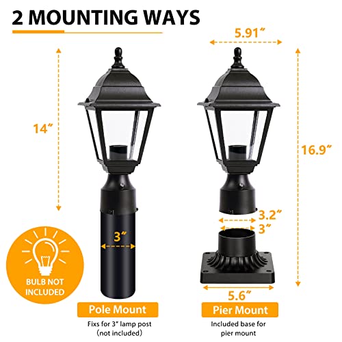 Dusk To Dawn Outdoor Post Lights Hardwired 120V, Aluminum Outside Post Lantern With Pier Mount, Exterior Lamp Pole Lantern Head With Clear Glass, Matte Black Post Light For Patio,Garden,Walkway #TOP4