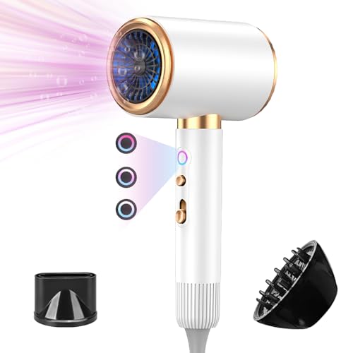 Bizcasa Secadores de pelo Profesional, 2400W Secador de Pelo Ionico, 3 Temperaturas/2 Velocidades, Secado Rápido, Frío/Calor Botón, con Concentradora y Difusor, para familias y el salón (Blanco)