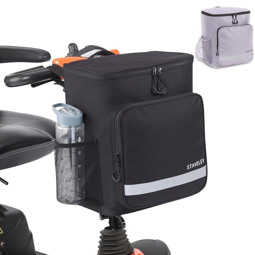Staveley Mobility Scooter Front Bag Large Basket Replacement with Drinks Holder Organiser Pockets & Reflective Strip Extra Storage for Shopping & Everyday Use Black