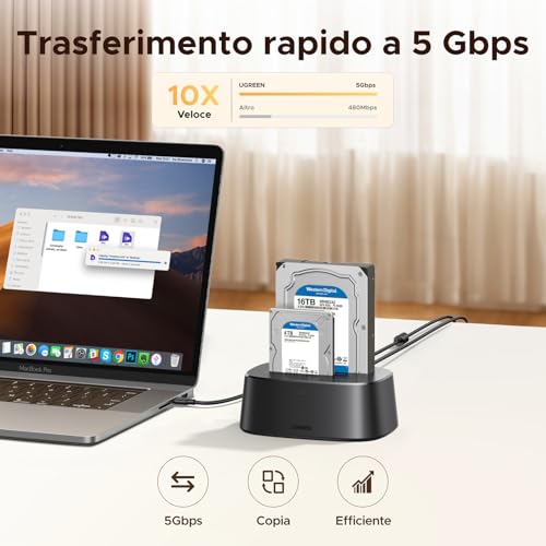 UGREEN Stazione di Docking per Hard Disk, Stazione Docking USB 3.0 per HDD e SSD SATA da 2,5"/3,5", Adattatore Hard Disk Dual Bay 5Gbps con Clonazione Offline e Supporto UASP - Immagine 3