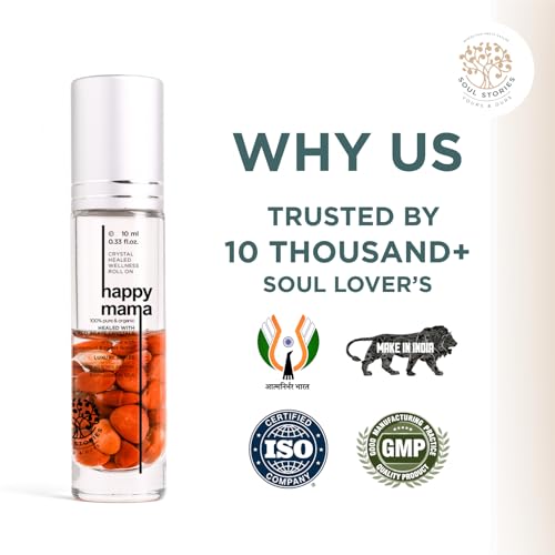 Image of Soul Stories Happy Mama Roll-On - 10ml | Comforting Essential Oil Blend for Travel Stress, Uneasiness & Everyday Discomfort | Helps Relax Body & Mind So You Can Enjoy the Journey | Spearmint, Ginger, Lavender, Jojoba & Fennel Oils | With Red Agate Crystal