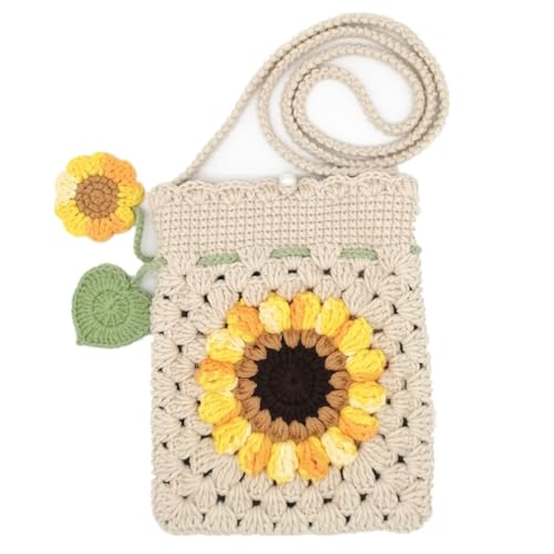Image of Handmade Crochet Sunflower Phone Bag for Women,Beige