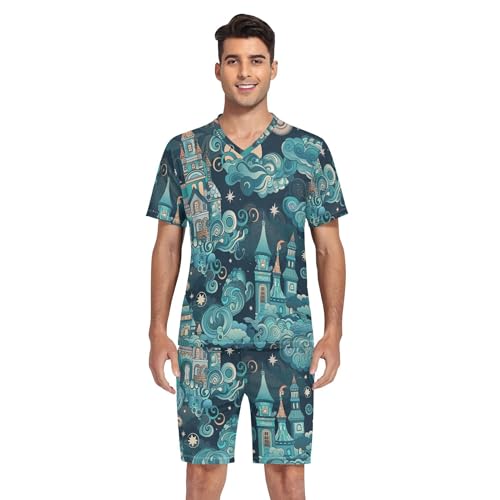Magic Castle Night Sky Cloud Star Fairytale Pattern Men's Pajama Sets Sleepwear Short Sleeve Lounge Sets for Men S-2XL4