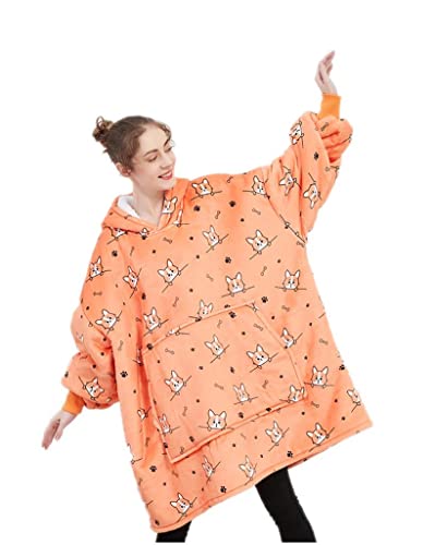 VERTAST Übergroße Hoodie Sweatshirt, Warmer Kuschelpullover Decken Blanket Hoodie, Weicher Sherpa Deckenpullover mit Kapuze Pullover Sweatshirt, Pulli Decke für Damen Herren, orange Hund Cover