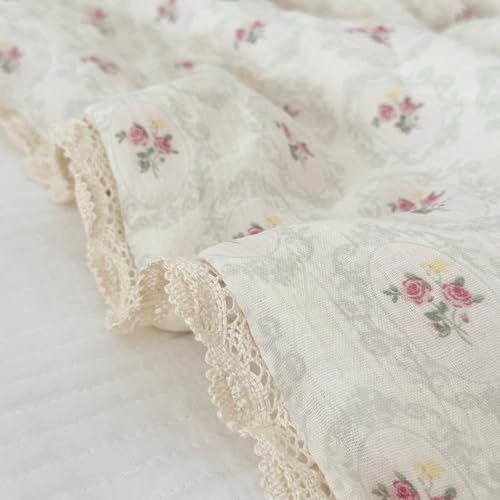 Image of BuLuTu Double-Layer Cotton Muslin Toddler Quilted Blanket, Romantic Floral Design Baby Girls Crib Comforter with Lace Edges, Soft Lightweight Kids Quilt, 47 inchx59 inch, Begonia Print