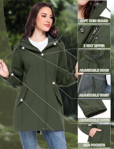 Yuson Girl Chaqueta Softshell Mujer Impermeable Chaqueta de Entretiempo Cortavientos con Capucha Ligera Transpirable Abrigo Forro Polar Funcional Parka de Senderismo(Verde militar, XXL) - imagen 3