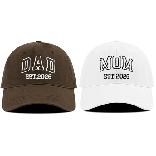 Skdgih Mom and Dad EST 2026 Matching Hats, New Parents Gifts for Couples, Pregnancy Announcement, Adjustable Cotton Embroidered Baseball Caps