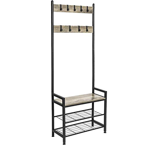 Ballucci Coat Stand, Shoe Rack Bench With 9 Adjustable Metal Hooks, Entryway Hall Tree Storage Shelf Organizer, Wood With Black Steel Frame - Rustic Gray #TOP5