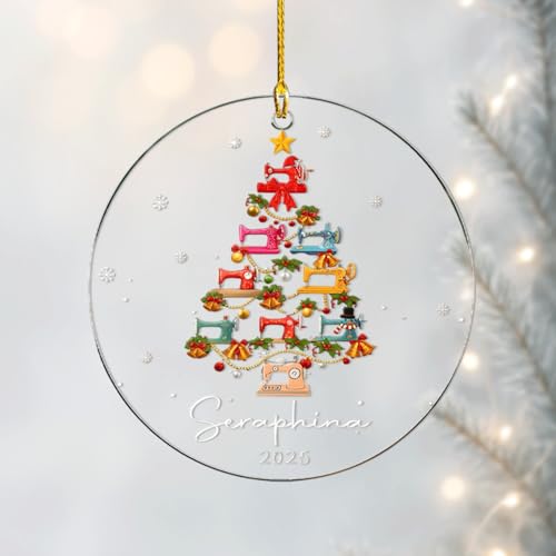 Personalized Acrylic Sewing Machine Christmas Ornament 2025 | Flat Round Christmas Tree Design with Custom Name | Quilting Themed Holiday Decoration & Unique Gift for Sewists and Quilters