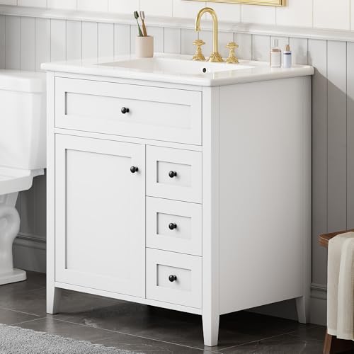 Image of 30 inch Bathroom Vanities with Top Set, Cabinet with Right-Side Multi-Functional Tip-Out Drawer and Adjustable Shelf, Soft-Closing Door, Solid Wood Legs, White