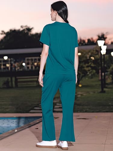 Image of ZEYO Night Suit for Womens Typography Printed Cotton Night Dress of Top and Wide Bottom Pyjama