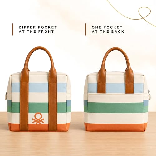 Image of United Colors of Benetton Lunch Bag Insulated for Office College School | Insulated lunch bag with bottle holder, multiple pockets, durable handles, lightweight design, suitable for women and men