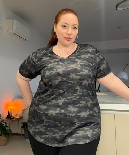 Image of TIYOMI Plus Size Tops for Women V Neck Tshirts Basic Tunic Casual Hawaii Floral Tie Dye Camo Summer Short Sleeve Tee XL-5XL