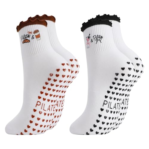 Image of Jspupifip 2 /4 /5 Pairs Womens Embroidery Non Slip Pilates Yoga Socks | Cute Grippy Crew Socks Offered Fit Barre Workout Hospital Indoor Barefoot Daily Activities For Ladies