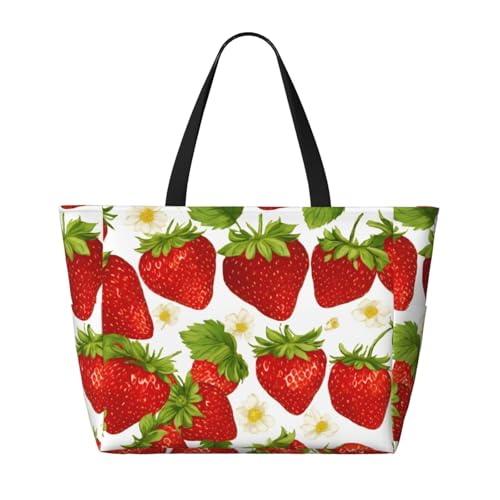 Fashion Strawberry Print Beach Bag Waterproof Beach Totes Bags For Women, Lightweight Foldable Pool Bag With Zipper Wet Compartment2