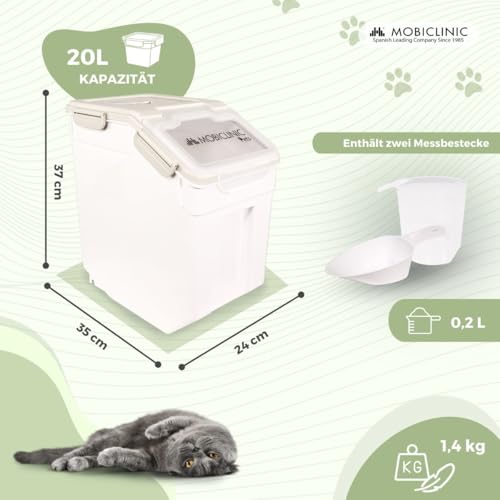 Mobiclinic® Pets, Futterbehälter, Für Haustiere, Feedpet, Fassungsvermögen 20L / 8Kg, Hermetischer Verschluss, 23x25, 5x36, 5cm, Inkl. Schaufel und messbecher, Mit rädern, Klarsichtfenster