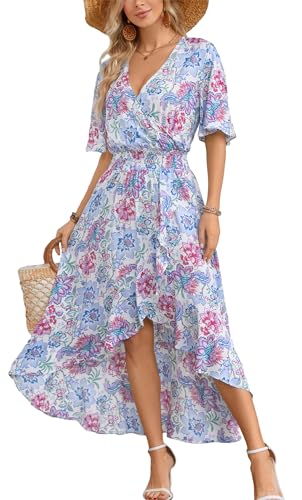 Image of Kormei Women Short Sleeve V Neck Floral High Low Flowy Summer Party Long Maxi Dress