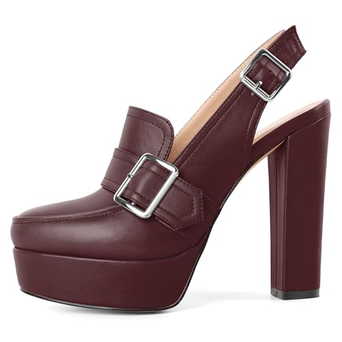Image of Women's High Heel Loafers Platform Pumps Round Toe Heels Chunky Heel Pumps Stylish Comfortable 4.8 Inch Slingback Heels